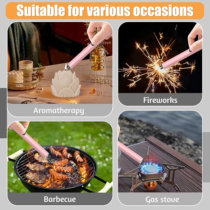 2 Pack Electric Candle Lighters, USB Rechargeable Lighter with Windproof Flameless & Extended Handle, Suitable for Candles, BBQ, Camping, Gas Stove, Festivals Gift (Pink, 2 Packs-B)