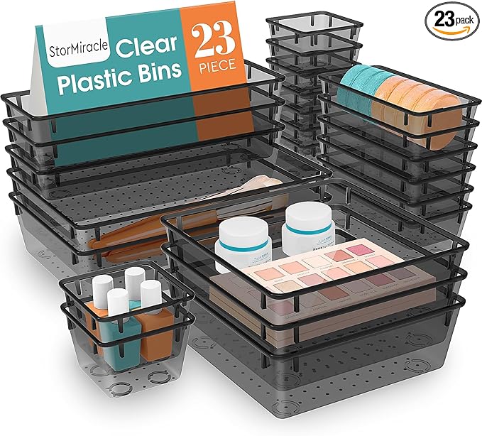 StorMiracle 23 PCS Drawer Organizer Set, 5 Varied Size Bathroom and kitchen Drawer cabinet organizer Trays, Clear Storage Bins for Makeup, Jewelry, Utensils and Gadgets, Black