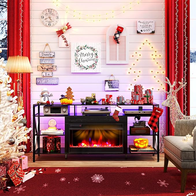 TC-HOMENY 60" TV Stand with 27.5" Electric Fireplace, TV Console with Power Strip for TVs Up to 70", Entertainment Center Storage Cabinet and LED Strip Lights with Remote Control Living Room Black