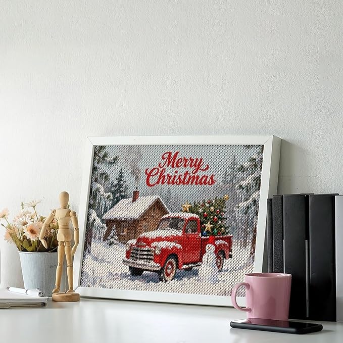 AIVKIEJK Diamond Painting Kits for Adults - Christmas Red Truck with Snowman, Snowy Cabin & Tree Painting DIY 5D Full Drill Diamond Dots Paintings with Diamonds Gem Art and Crafts Home Decor 12"x16"