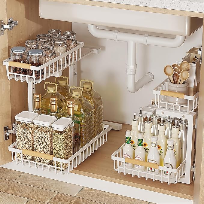 2 Pack Under Sink Organizers and Storage, Adjustable Height,2 Tier Pull Out Under Cabinet Organizer with 2 Hanging Cups and 6 Hooks,Slide Out Thickened Metal Undersink Organizers for Kitchen Bathroom
