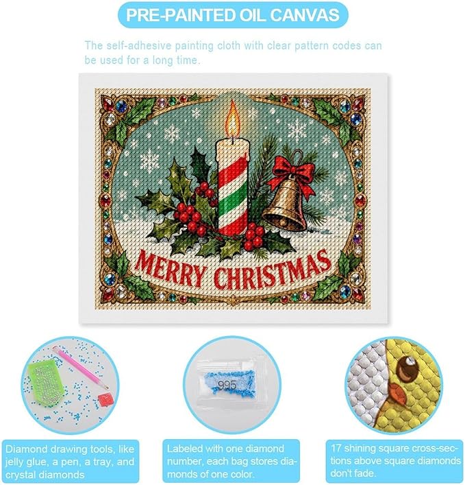 AIVKIEJK Diamond Painting Kits for Adults - Merry Christmas Candle & Holly Accents Painting DIY 5D Full Drill Diamond Dots Paintings with Diamonds Gem Art and Crafts Home Decor 16"x20"