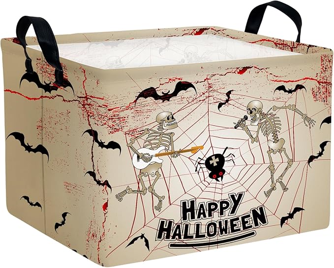 Halloween Basket Gift Terror Ghost Parties Decor Kid Trick or Treat Basket for Boys and Girls Rectangular Storage Bin Box (Skeleton Bat)