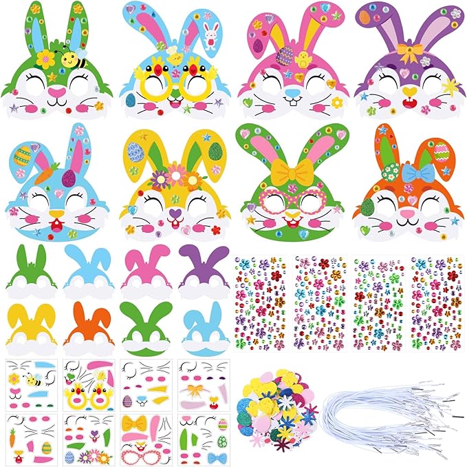Funrous 48 Sets Easter Crafts Kit Easter Bunny Mask Paper Crafts Bulk DIY Make Your Own Rabbit Face Mask Activity Arts with Foam and Diamond Stickers Spring Classroom Gifts Project Party Favors