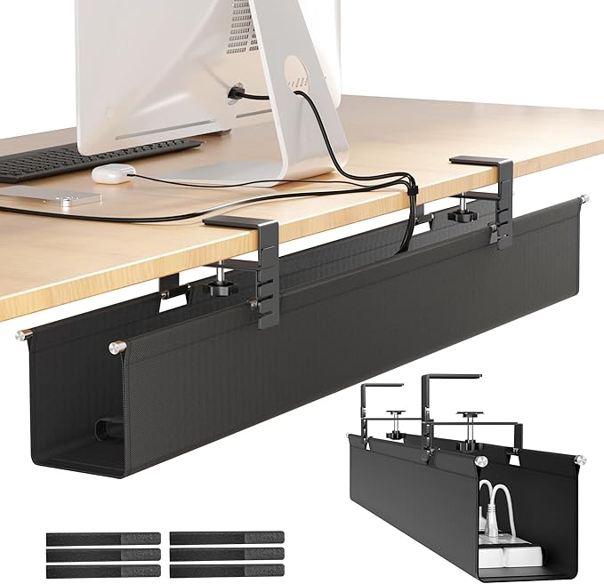[Upgraded] Large Under Desk Cable Management Tray, Cinati Cable Management Under Desk No Drill, 28.4" Fabric Cord Hider for Wire Organizer, Cord Organizer for Office, Home - Supports Up to 30lbs Black