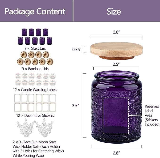 9-Pack 8oz Embossed Glass Candle Container with Bamboo Lids and Labels, Purple Candle Jars for Making Candles, Sun Moon Star Design