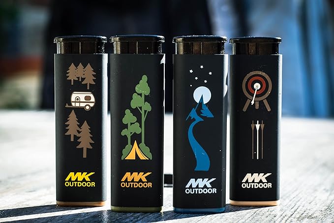 MK Lighter Outdoor Series Alpine Set 5-Pack Assorted Design Multipurpose Refillable, Windproof Flame, Slip Guard Candle & BBQ, Prepping & Camping Supplies, Survival Lighters (OUTDOORSMEN)