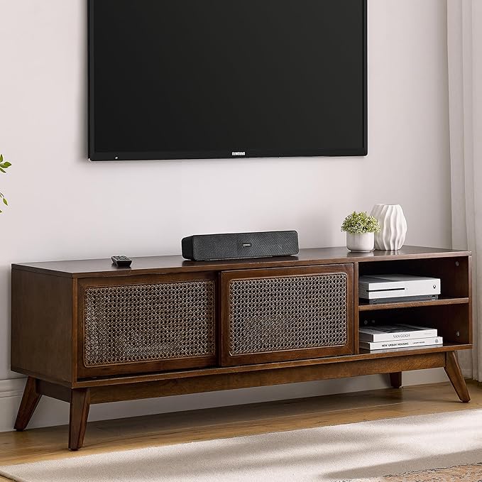 Amposei Mid Century Modern Wooden TV Stand Entertainment Center for 55/60/65 inch TVs, Sliding Rattan Door Console Storage Cabinet with Wood Legs for Living Room, Walnut