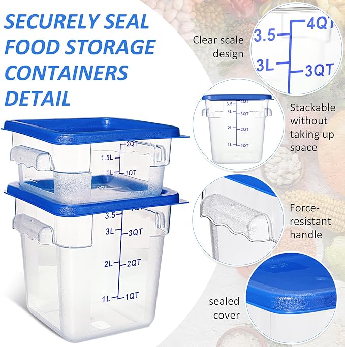 Yungyan 8 Pcs Restaurant Food Storage Containers with Lids Set 2Qt and 4Qt Commercial Restaurant Square Storage Containers Clear Food Cereal Container for Kitchen Freezer (Blue Lids)