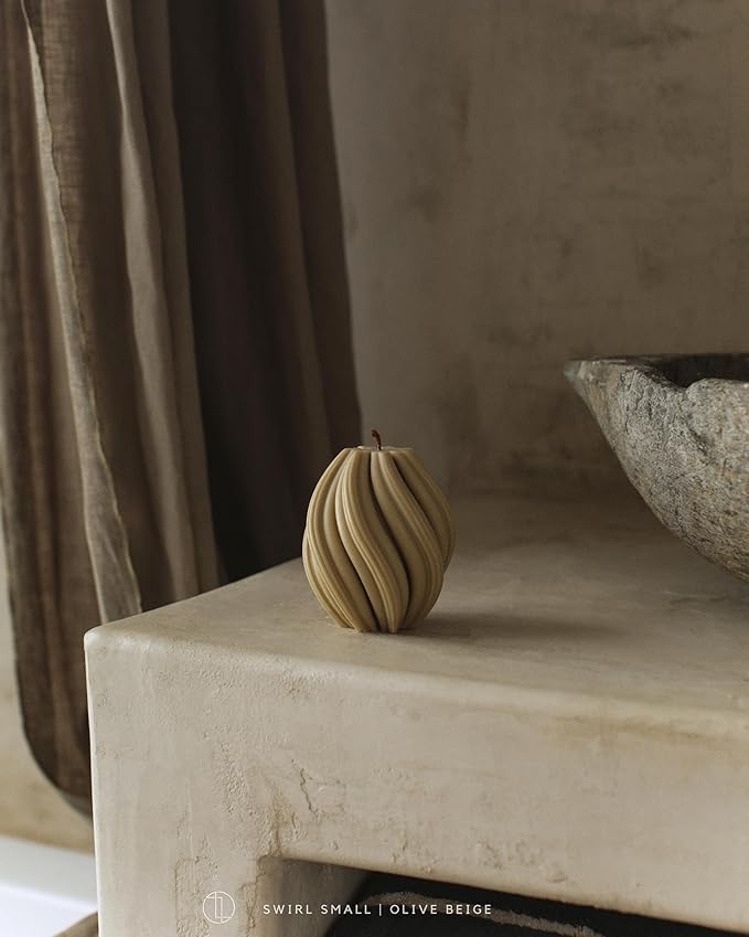 LAWA Swirl Candle - Beautiful Handmade Pillar Scented Soy Wax Twirl Elegant Bubble Aesthetic Candle Housewarming Gift Home Room Shelf Decor Idea Spiral Olive Beige (Small)