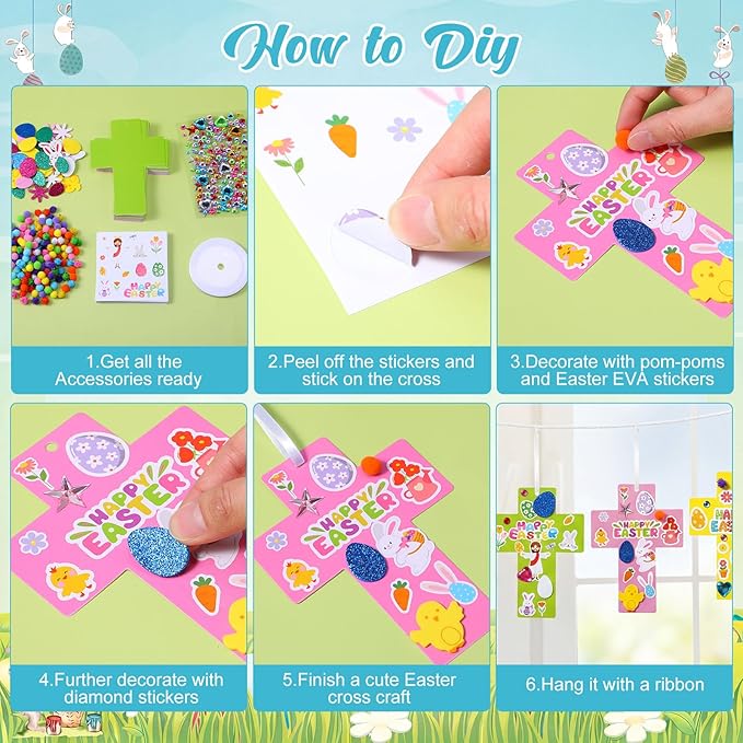 Funrous 48 Sets Easter Religious Crafts Bulk Cross Paper Crafts DIY Easter Eggs Bunny Jesus Christian Hanging Ornaments Arts with Stickers Pompoms for Sunday School VBS Classroom Spring Activities