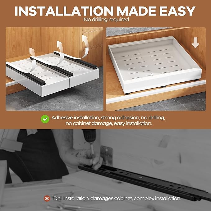4Pack Expandable Pull Out Cabinet Organizer 21"Deep with Raising Pad for Framed Cabinets,Slide Out Drawers with 4pcs Divider Racks,Roll Out Shelves Adhesive,Adjustable Width 12.05"-20.4"White