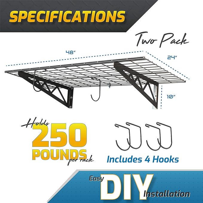 MonsterRax | Garage Wall Shelf Two-Pack White or Hammertone | Three Size Options | Includes Bike Hooks | 500lb Weight Capacity (Hammertone, 24"x48")