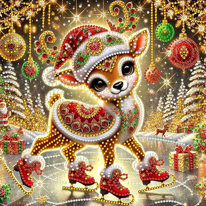 Christmas Deer 5D Special Shape Diamond Art Kits for Beginners, Christmas Winter Theme Diamonds Painting Kits for Adults,DIY Crystal Rhinestones Diamond Paintings for Home Wall Decor 12×12Inch