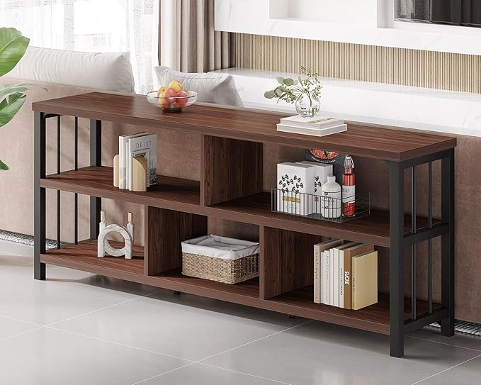 IBF Long Bookshelf, 63” Wide Low Open Book Shelf, Industrial 5 Cube Horizontal Bookcase for Bedroom Home Office, 3 Tier Wood Metal Cubby Storage Organizer Shelf for Living Room, Walnut, 63 Inch