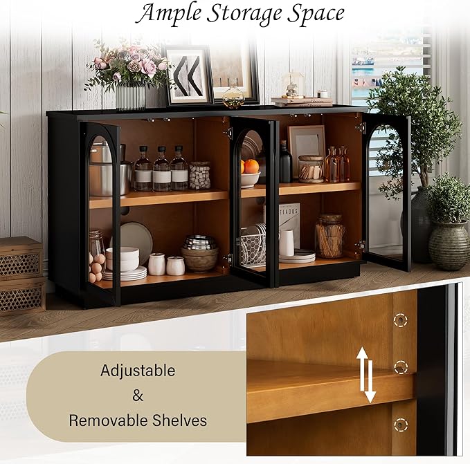 Amposei 57.7-Inch Vintage Sideboard Cabinet 4 Glass Door Storage Cabinet Buffet Console Table with Adjustable Shelves for Kitchen Entryway Dining Living Room, Black