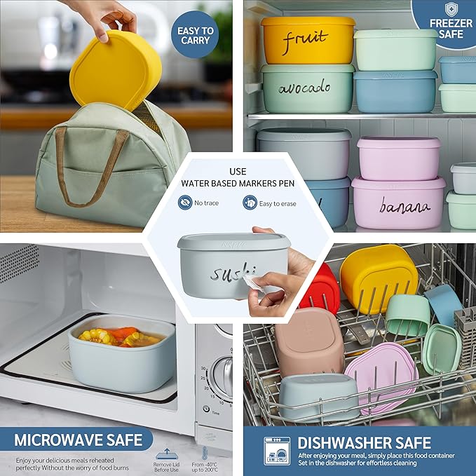 ISSEVE 12Pcs/Set Nesting Silicone Food Storage Containers with Lids, BPA Free Reusable Meal Prep Silicone Containers Airtight, Freezer Dishwasher Safe (33.8oz, 20oz, 10oz, 6.7oz, 1.3oz) (Grey)
