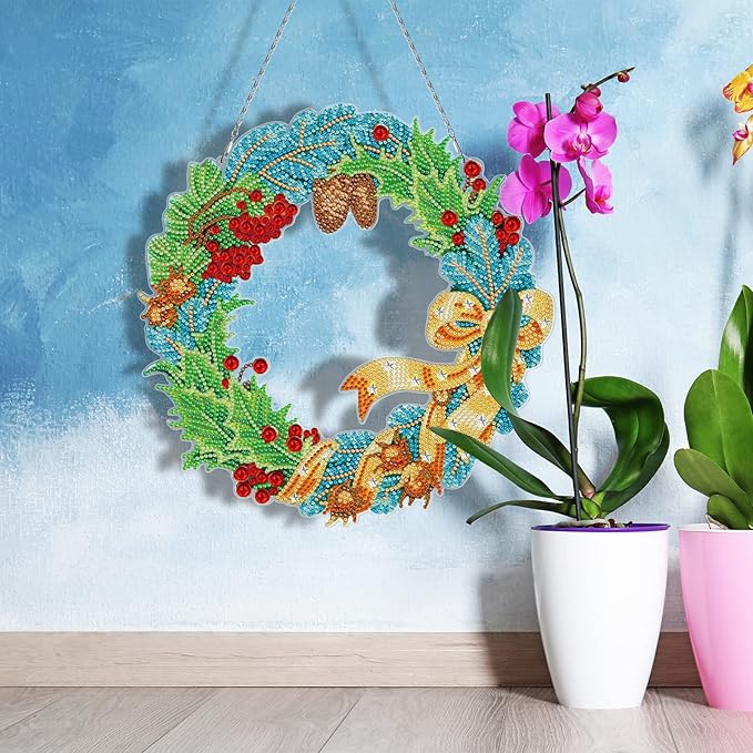 5D Diamond Art Spring Wreath with LED Light String DIY Summer Wreath Diamond Art Painting Hanging Ornaments Special Shaped Crystal Paint by Number Embroidery Kits Front Door Garden Spring Decorations