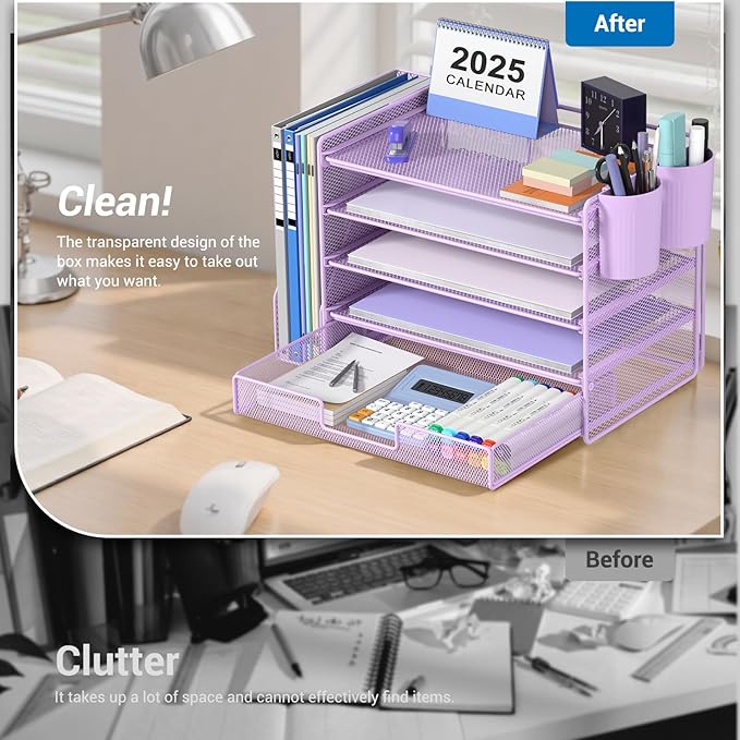 OPNICE Desk Organizer, 5-Tier Paper File Organizer with Drawer & Pen Holder, Office Desk Accessories, Workspace Desktop Organizer for Office Supplies(Purple)
