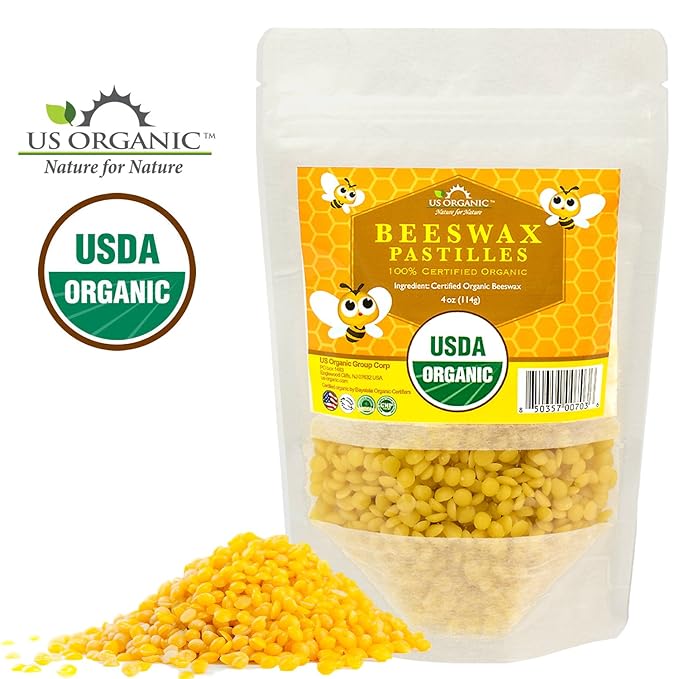 US Organic Beeswax 100% Pure Yellow Pastilles, USDA Certified, for DIY Candle, Lip Balm, Body Cream, Lotion, Deodorant, Crayon, and Many More uses. 4 oz (Small)