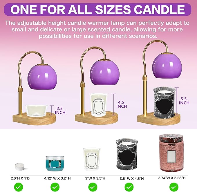 Candle Warmer Lamp with Timer 2H/4H/8H, Adjustable Height Dimmable Candle Lamp with 2 Bulbs, Wax Melt Warmer for Jar Candles, House Warming, Home Decor, Christmas Gifts for Women Mom(Purple)