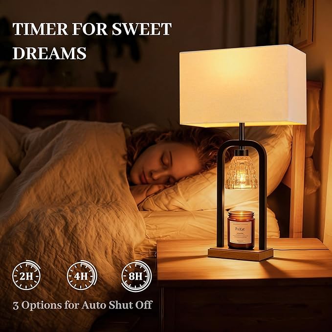 PoKat 21.5'' Lamp Candle Warmers Set of 2 Black, Farmhouse Candle Warming Lamps with Timer Dimmer & Wood-Like Base, Warmer Lamp Jar Candles, Table Lamps for Bedroom End Table Decor, Bulb Included