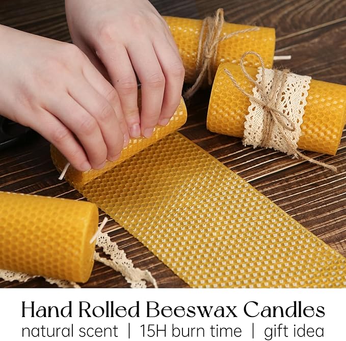 Hand-Rolled Beeswax Candles, 4 Packs, Handcrafted Honeycomb Beeswax Pillar Candles, Natural Bee Farm Gifts for Candle Lovers,Home Decor, Air Purify (2x4 in)