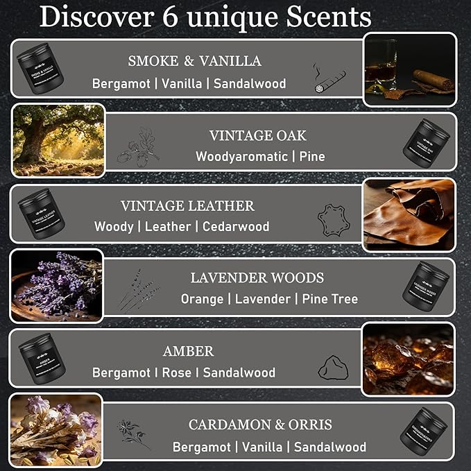 Scented Candles for Men - 42oz Soy Wax Long Lasting Candle, Manly Scented Candles with Leather/Smoke&Vanilla/Oak/Lavender/Orris/Amber-Mens Candle Gift Set for Birthday, Fathers Day, Man Cave Decor