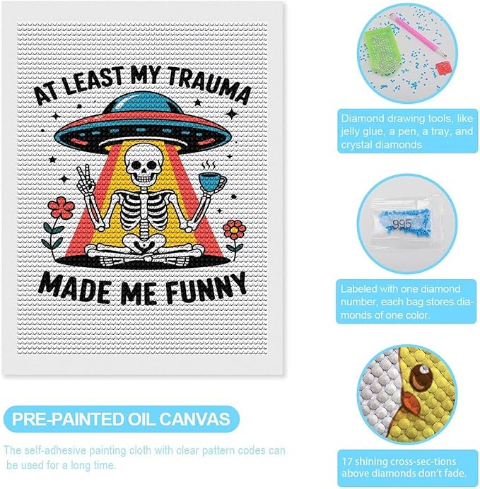 KIVJMSIDJA Skull Skeleton “At Least My Trauma Made Me Funny” Diamond Art Kits for Adults for Beginners, 5D Full Diamond Art Paint 12"x16"