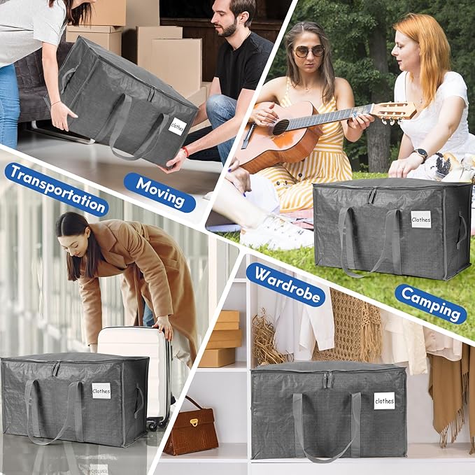 2-Pack Extra-Large Heavy-Duty Storage Totes with Reinforced Handles, Durable Zippers & Waterproof Material — Perfect for Space-Saving, Moving, Shipping and Travel (Grey)