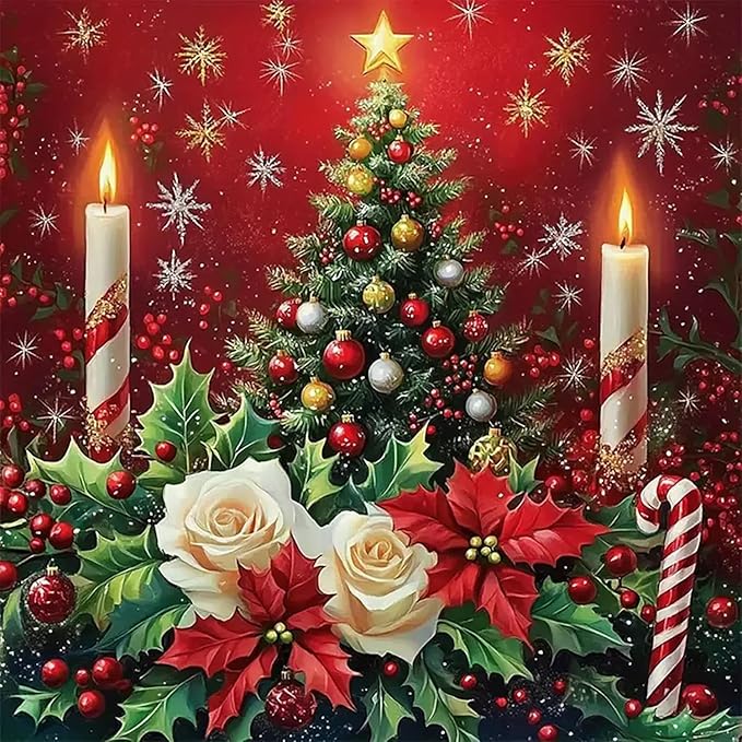 Christmas Tree Candle Flower Diamond Painting Kits for Adults,5D Diamond Art Kits for Adults Beginners,DIY Full Round Drill Diamond Dot Painting Gem Art Kits for Adult,Home Wall Decor 13.8x13.8 Inch