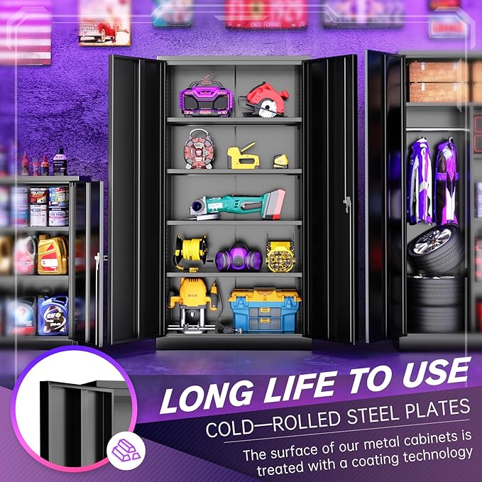 Superday Metal Storage Cabinets, 72" Storage Cabinet with Locking Door, Tall Garage Cabinet with 2 Doors and 4 Adjustable Shelves for Home Office, Classroom, Easy Assemble(Black)