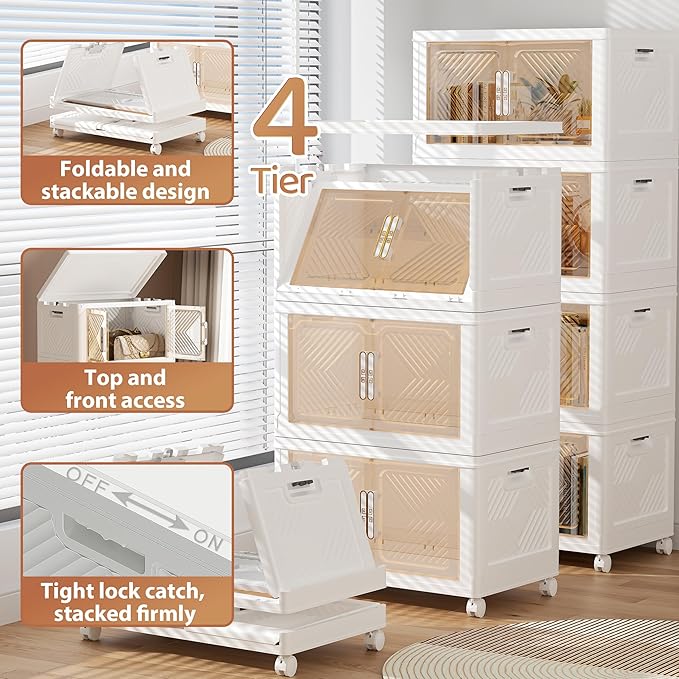 Storage Bins with Lid 120QT, Stackable Storage Containers with Wheels and Magnetic Doors, Plastic Clothes Closet Large Capacity Organizers and Storage Box for Home and Office (4 Pack)