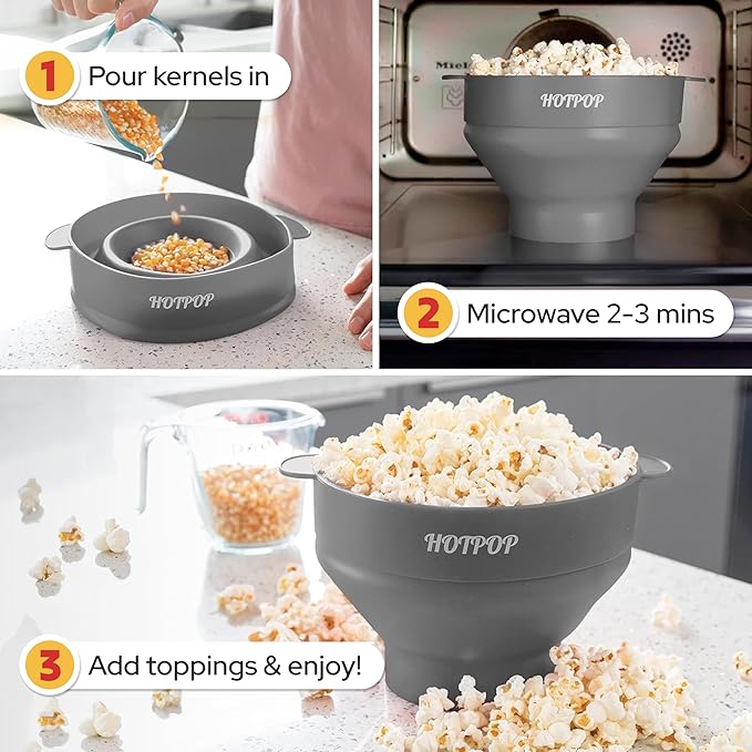 The Original Hotpop Microwave Popcorn Popper, Silicone Popcorn Maker, Collapsible Bowl BPA-Free and Dishwasher Safe- 20 Colors Available (Gray)