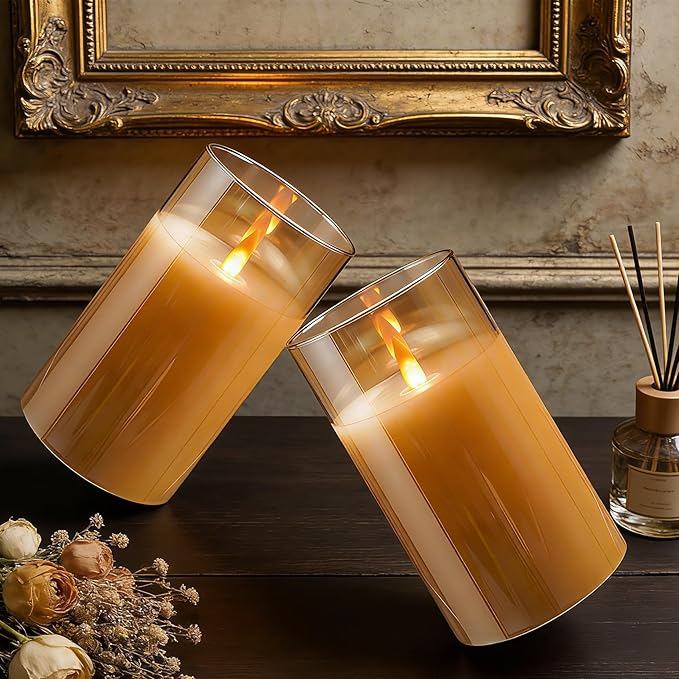 HaitanghuaRechargeable Candles, Remote Control Candles, with Remote Control, 2/4/6/8 Hour Timer Function, USB Rechargeable flameless Candles, Pillar Candles, Gold, 6 inches (2 Pack)