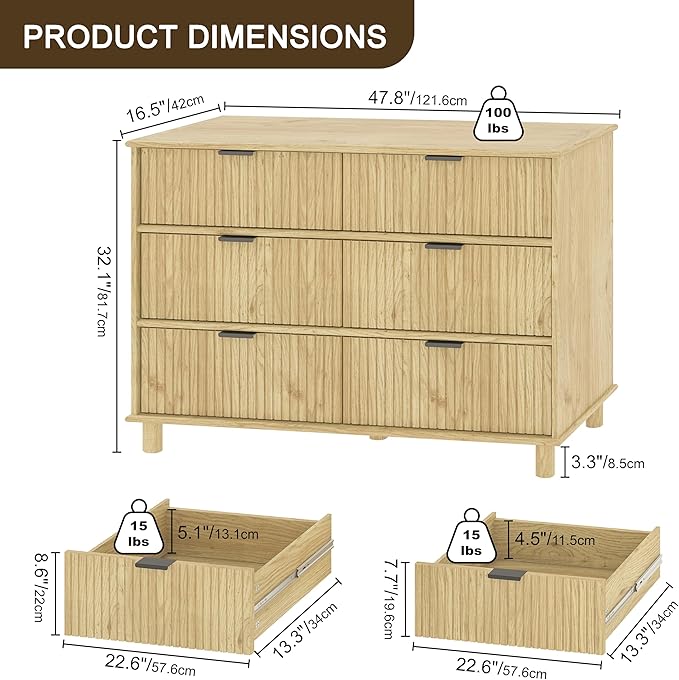 Fluted 6 Drawer Dresser for Bedroom, 47.8" Wide Chest of Drawers with Solid Wood Legs, Wooden Modern Double Dresser TV Stand Organizer for Living Room, Hallway Natural Oak