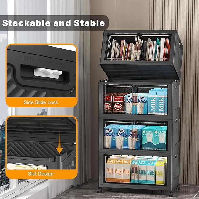 Stackable Storage Bins with Lids & Wheels & Door, Foldable Collapsible Closet Organizers, Extra Large Plastic Storage Drawers for Bedroom Dorm Office Garage (Dark-55qt, 8Pack with 2 top lids)