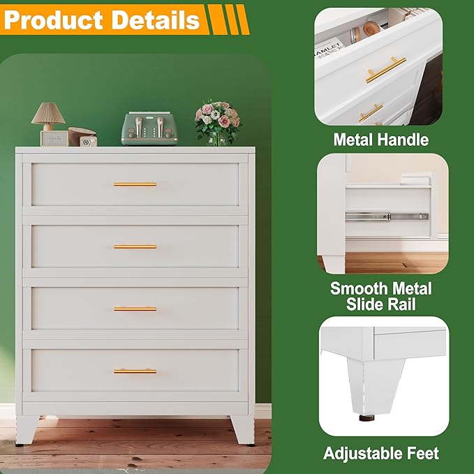 Ckzbx Metal Dresser Tall White Dresser for Bedroom Chest,43.11" H Drawer Chest, Closet Dressers & Chests of Drawers for Living Room, Hallway (4 Drawers)