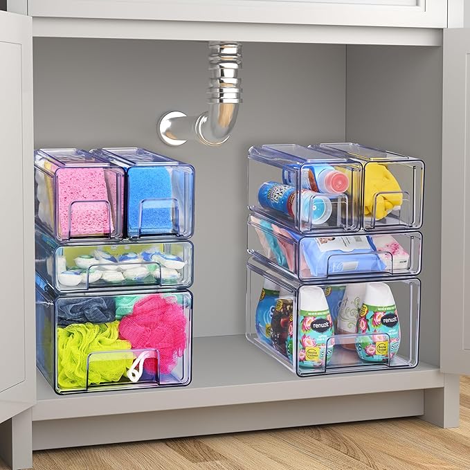 Sorbus Medium Clear Stackable Storage Drawers – 2-Pack Plastic Organizer Bins with Handles – Pull-Out Stackable Drawers for Bathroom Closet, Medicine, Cabinet, Pantry Storage, Baby Bottle Organizer