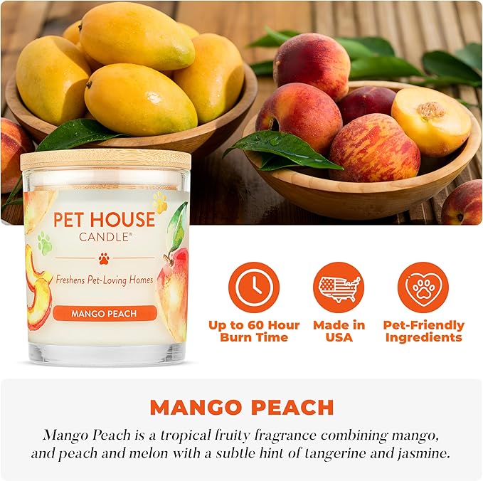 Pet House Plant-Based Pet Odor Candles, Clean Burning, Long Lasting Candle, 60 Hour Burn Time with a Natural Fiber Wick - Mango Peach