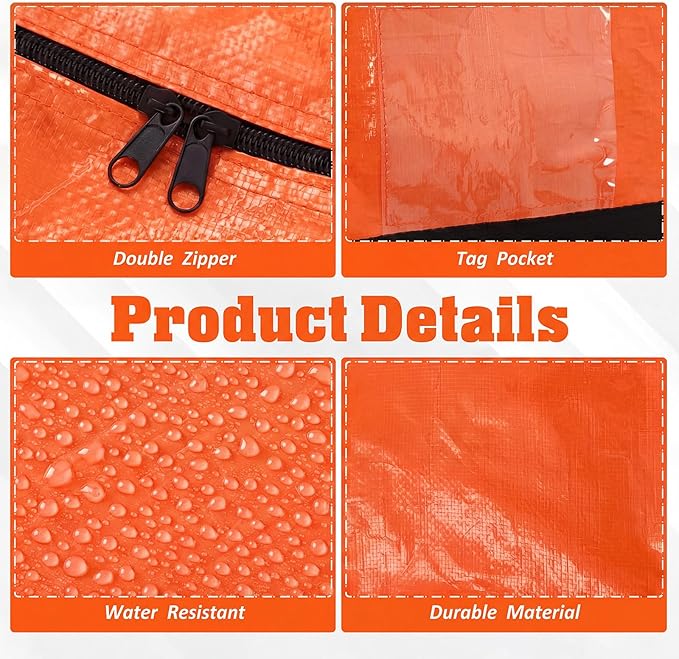 Windyun 4 Pack 177 Gallon Extra Large Moving Bags XXL Heavy Duty Storage Bag with Strong Zipper Handle Jumbo Big Tote Box Foldable for College Dorm Travel Clothes Duffle Blanket Pillow(Orange)