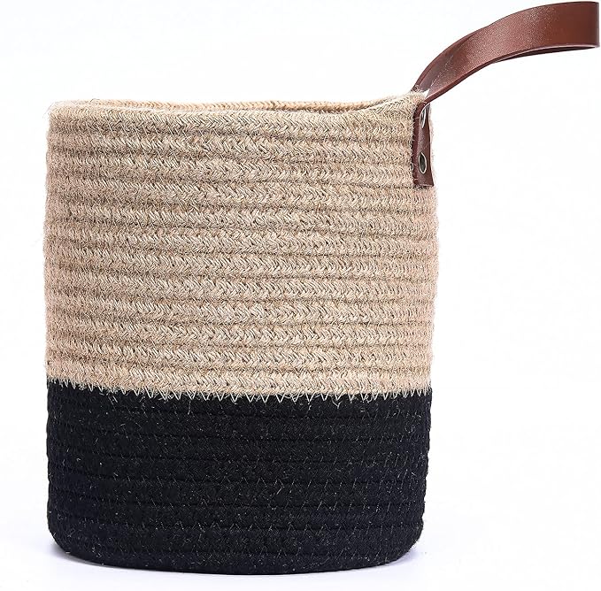 Wall Hanging Storage Baskets - Small Cotton Rope Woven Closet Storage Bins-Shelf Basket Organizer for Plants, Towels,Toys - 6.3" x 7" (Jute & Black)