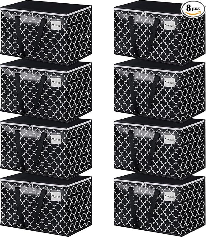 HomeHacks Heavy Duty Moving Bags with Tag Pockets, Collapsible Storage Totes for Moving, Camping & Travel -Foldable Packing Boxes, Zipper Handles, Black（8 Packs, 125L）