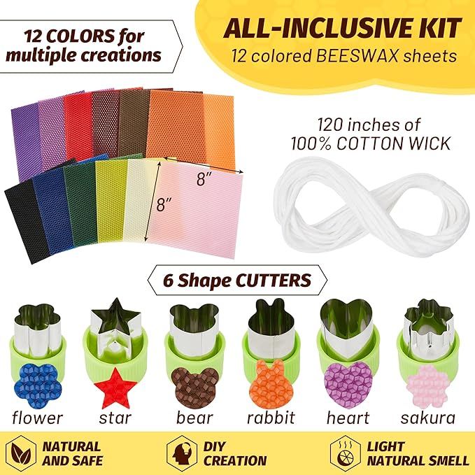 HASSLICKIT Beeswax Candle Making Kit for Beginners, 12 Beeswax Sheets for Candle Making Rolling DIY Kits (12 Colors, 8 x 8 inch)