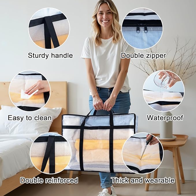 4 Pack Clear Blanket Storage Bags, Plastic Comforter Clothes Storage Bags Underded Moving Bags Closet Organizers and Storage Zippered Sturdy Handle for Bedding, Clothes, Linen, Toys, Quilt, Duvet 40L