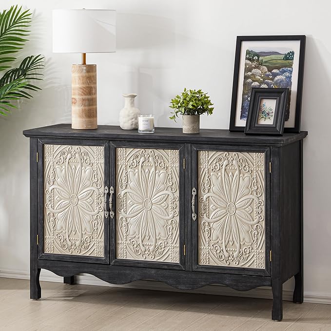RoyalCraft Buffet Cabinet with Storage, Vintage Solid Wood Sideboard with 3 Carved Doors, Painted Coffee Bar Console Table for Dining Room, Living Room, Kitchen, Black