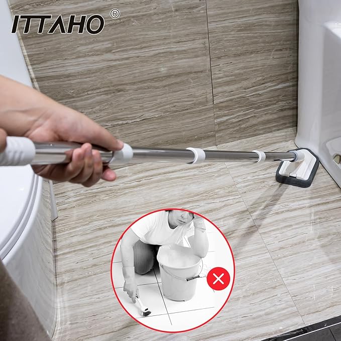 ITTAHO Shower Tile Tub Scrubber Brush with 4 Cleaning Heads,Floor Scrub Brush with 56''Long Handle, Shower Cleaner Brush & Grout Cleaner Brush Set for Shower,Tile, Tub, Bathroom,Kitchen,Walls,Sink