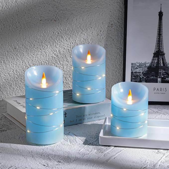 HaitanghuaRechargeable flickering candle, with string lights, remote control, 2/4/6/8-hour timer function, USB rechargeable candle, real wax LED candle, (4/5/6 inch) sky blue, three-piece set.