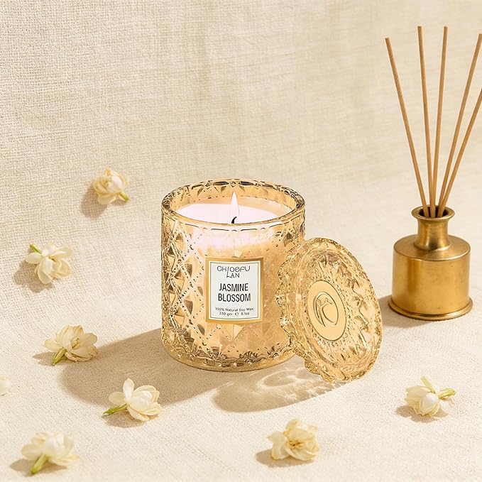 Chloefu LAN Jasmine Blossom Scented Candle, Luxury Soy Candles, 55 Hours Slow Burning, Non Toxic, Gift-Ready for Hosts & Gatherings, Farmhouses Home Decor, Long Lasting for Bath & Office, 8.1oz