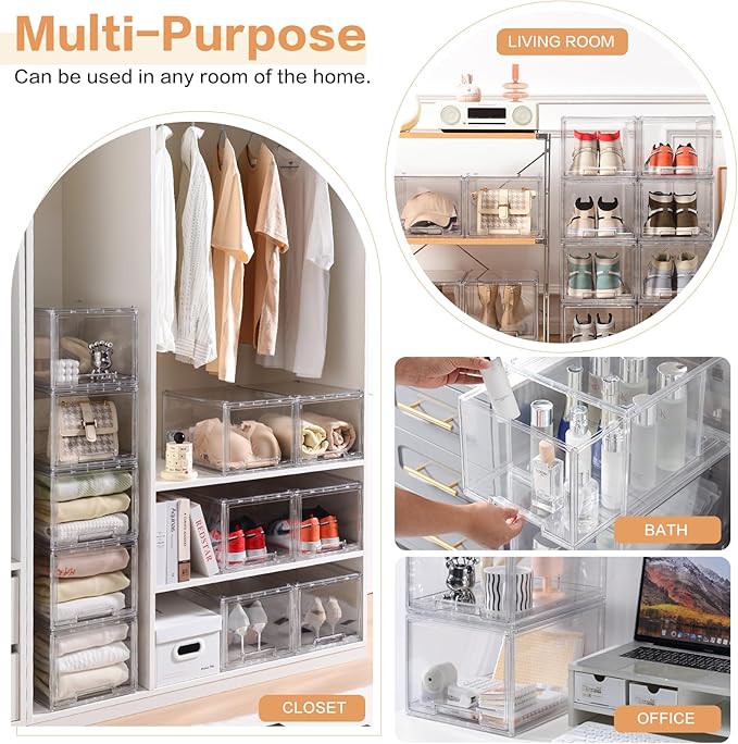 DILIBRA 2 Packs Large Stackable Storage Drawers, Plastic Clear Bathroom Make up Under Sink Drawer Organizers, Acrylic Bathroom Storage Bins for Cabinet Closet Office Kitchen Pantry Snacks Organization